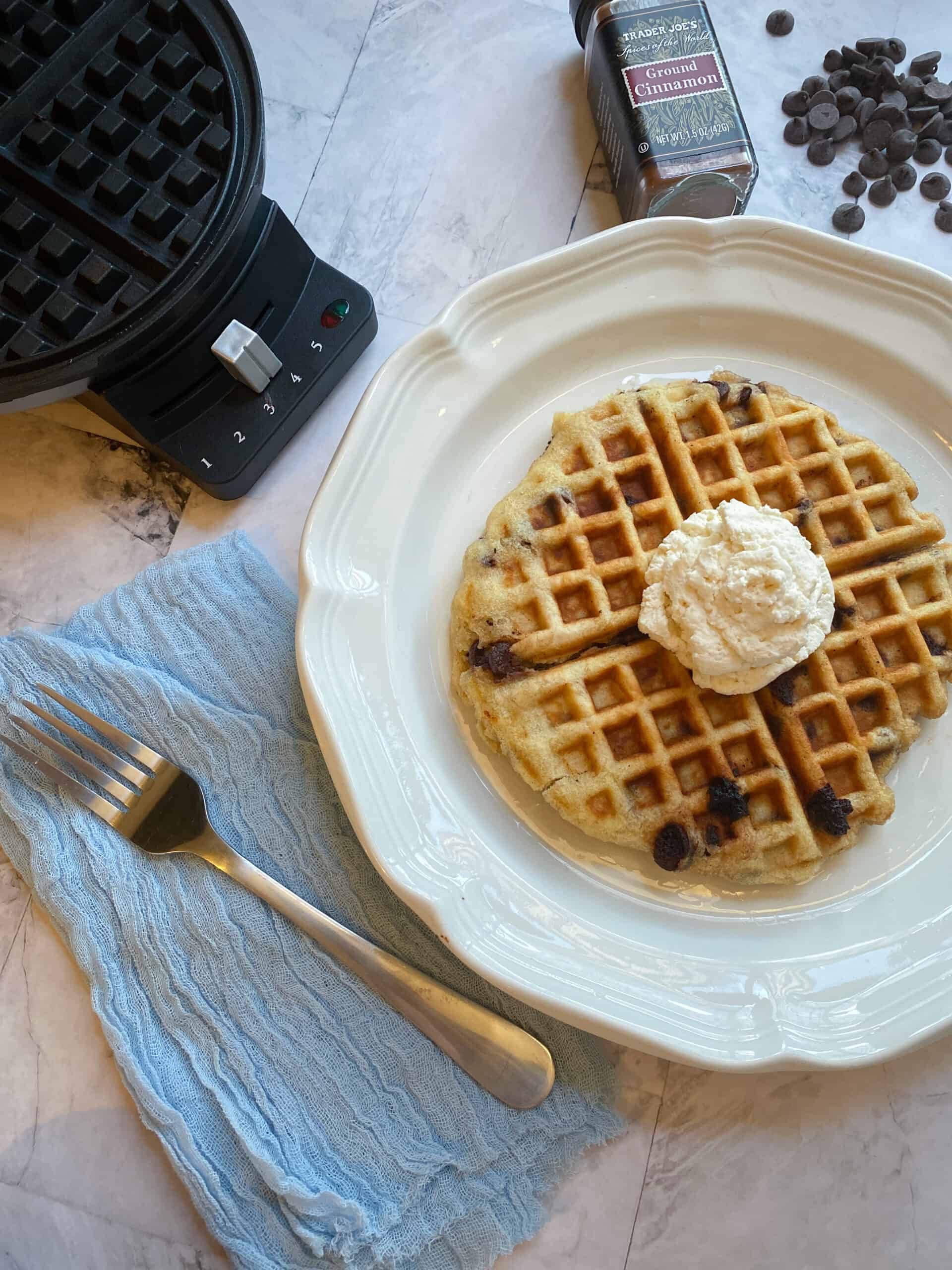 Cinnamon Chocolate Chip Waffles with Vanilla Ice Cream on Top | CC's Table