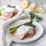 Two plates of salmon with a yogurt dill sauce on top of farro and asparagus next to a glass of wine.