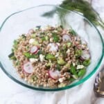Spring cucumber farro salad with feta in a bowl with radishes and snap peas next to dill, a napkin, and a serving spoon.
